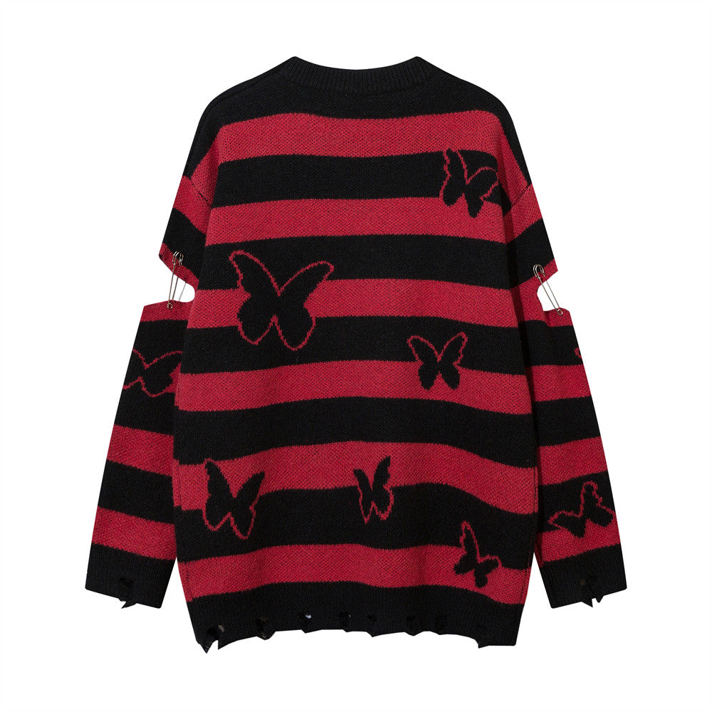 Stribet Kontrastfarvet Sommerfugl Rund Hals Sweater Efterår Og Vinter