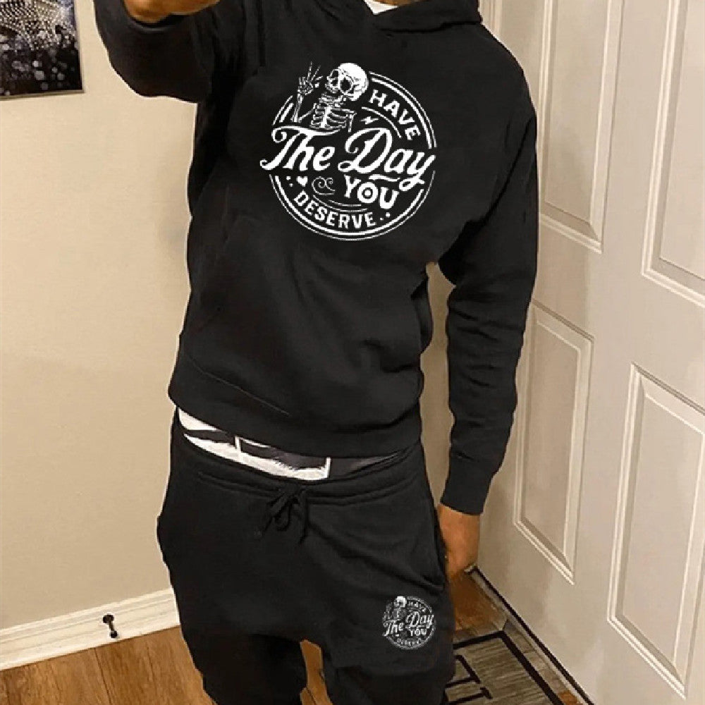 Black Polyester Casual Hooded Sweater Set