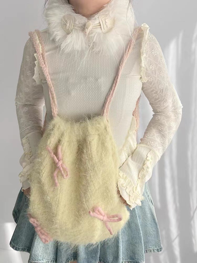 Drawstring Backpack Bowknot Furry Cloth Bag Tender Yellow Ladies