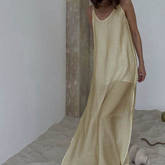 Womens Solid-Colored Casual Loose Simple One-Piece Pajama Dress