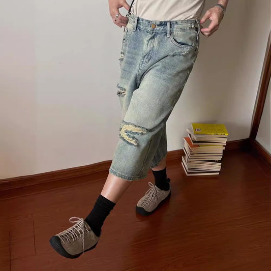 Ripped vidde benede jeans Løse retro vaskede lige korte bukser