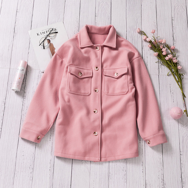 Women's Solid Color Pocket-breasted Lapel Woolen Coat