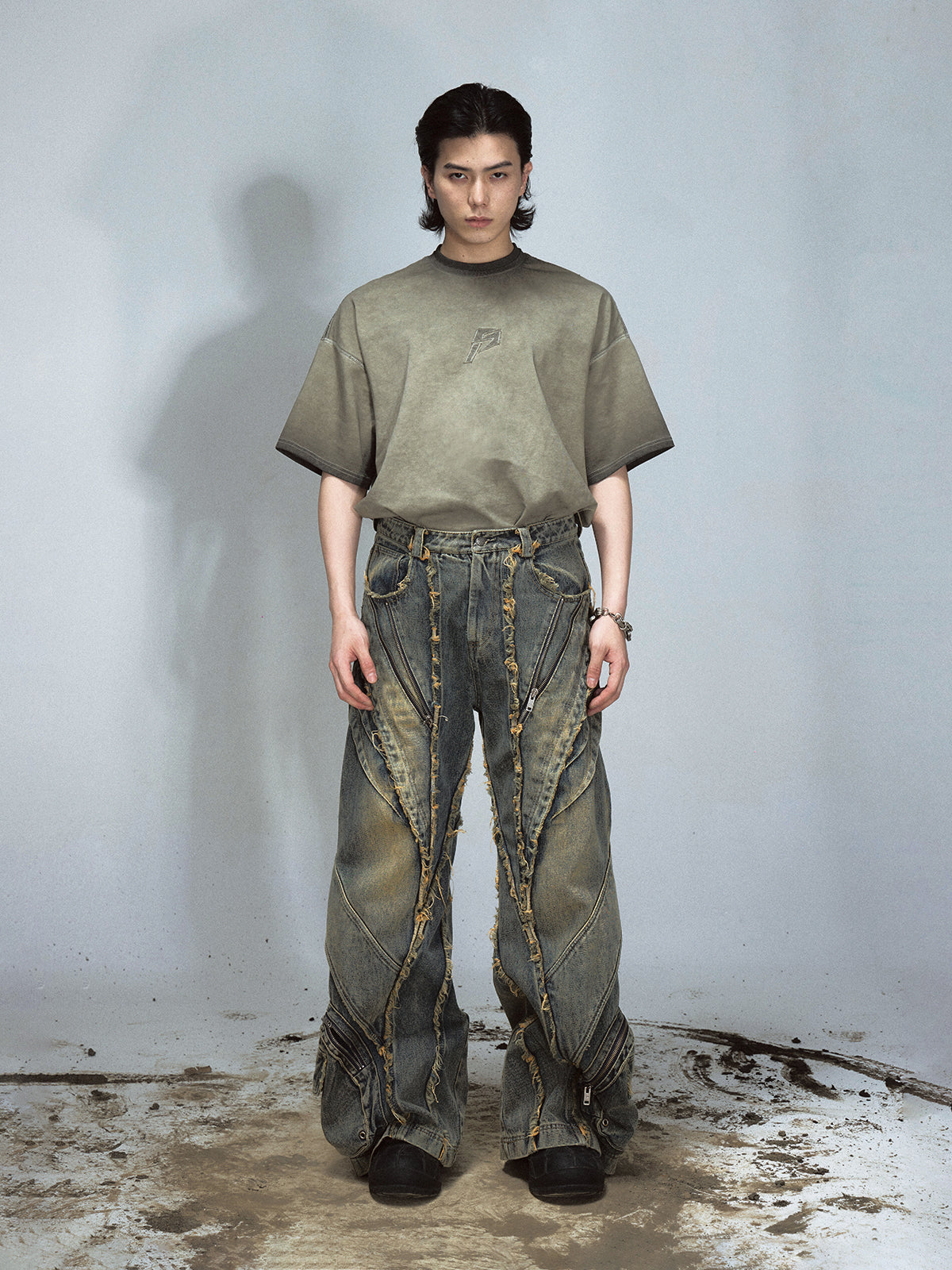 Heavy Industry Destroyed Raw Edge Stitching Jeans Retro Wide Leg Trousers