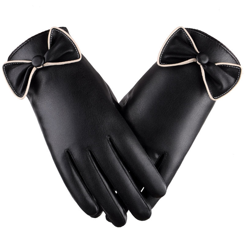 Women's Full-touch Screen PU Leather Warm Cycling Fashion Cute Bow Gloves
