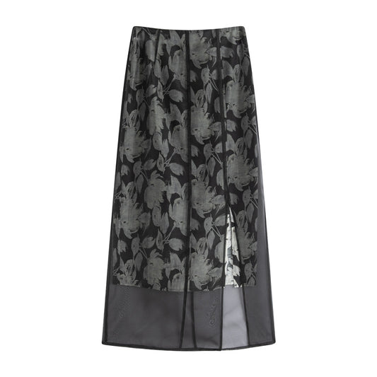 Spring And Summer New Retro High Waist Mesh Floral Print Split Skirt For Women