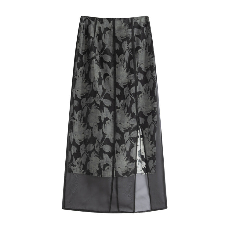 Spring And Summer New Retro High Waist Mesh Floral Print Split Skirt For Women