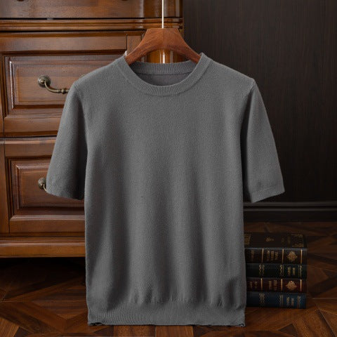 Strikket T-shirt til mænd med korte ærmer ensfarvet afslappet løstsiddende