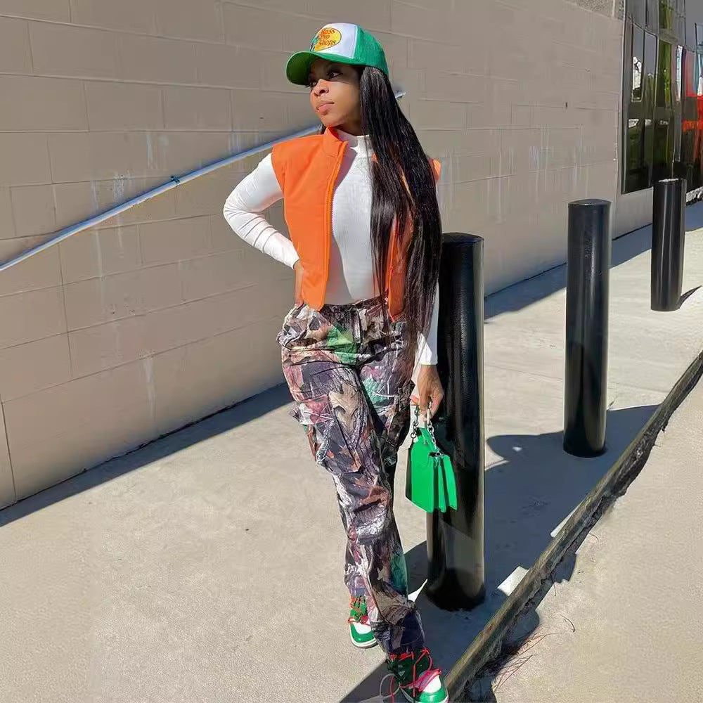 Leaf Print Straight High Waist Pocket Multi-color Overalls