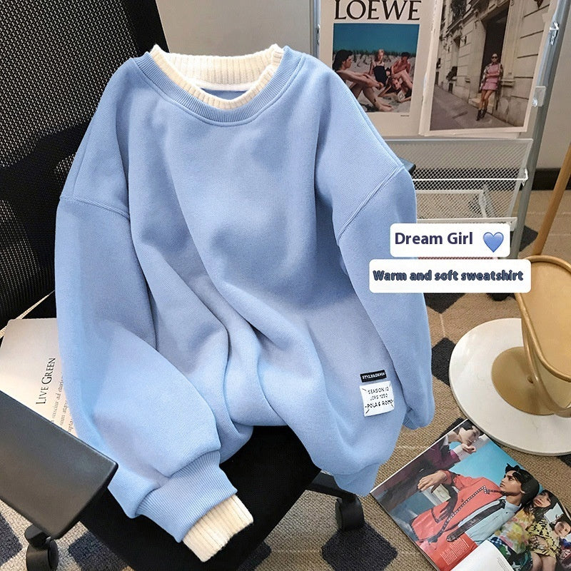 Round-neck With Fleece Lining Thick Fake Two Pieces Long Sleeve Loose Sweatshirt