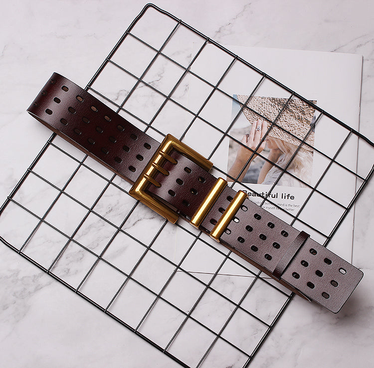 Women's Solid Color Metal Leather Wide Belt