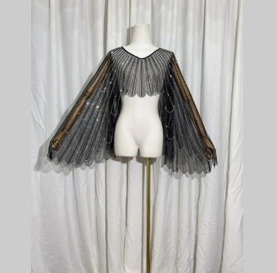 Womens Beaded Diamond-studded Shawl Cape With Wing-like Design An Outerwear Top
