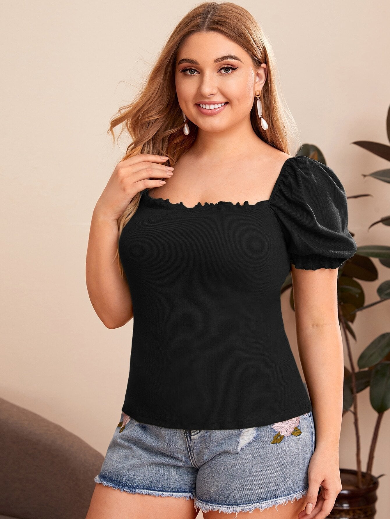 Elegant Style Puff Sleeve Square Neck Solid Color Short Top