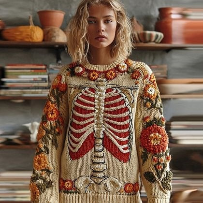 Womens Halloween Top Crew-neck Sweater With Faux Fur Details