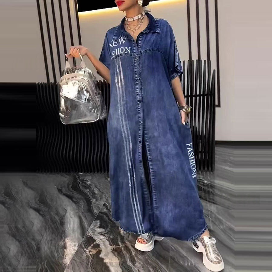 Spring Summer Mid-Length Denim Printed Dress