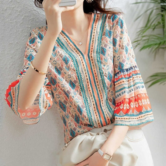 V-neck Loose Flare Three-quarter Sleeve Blouse Women's Top