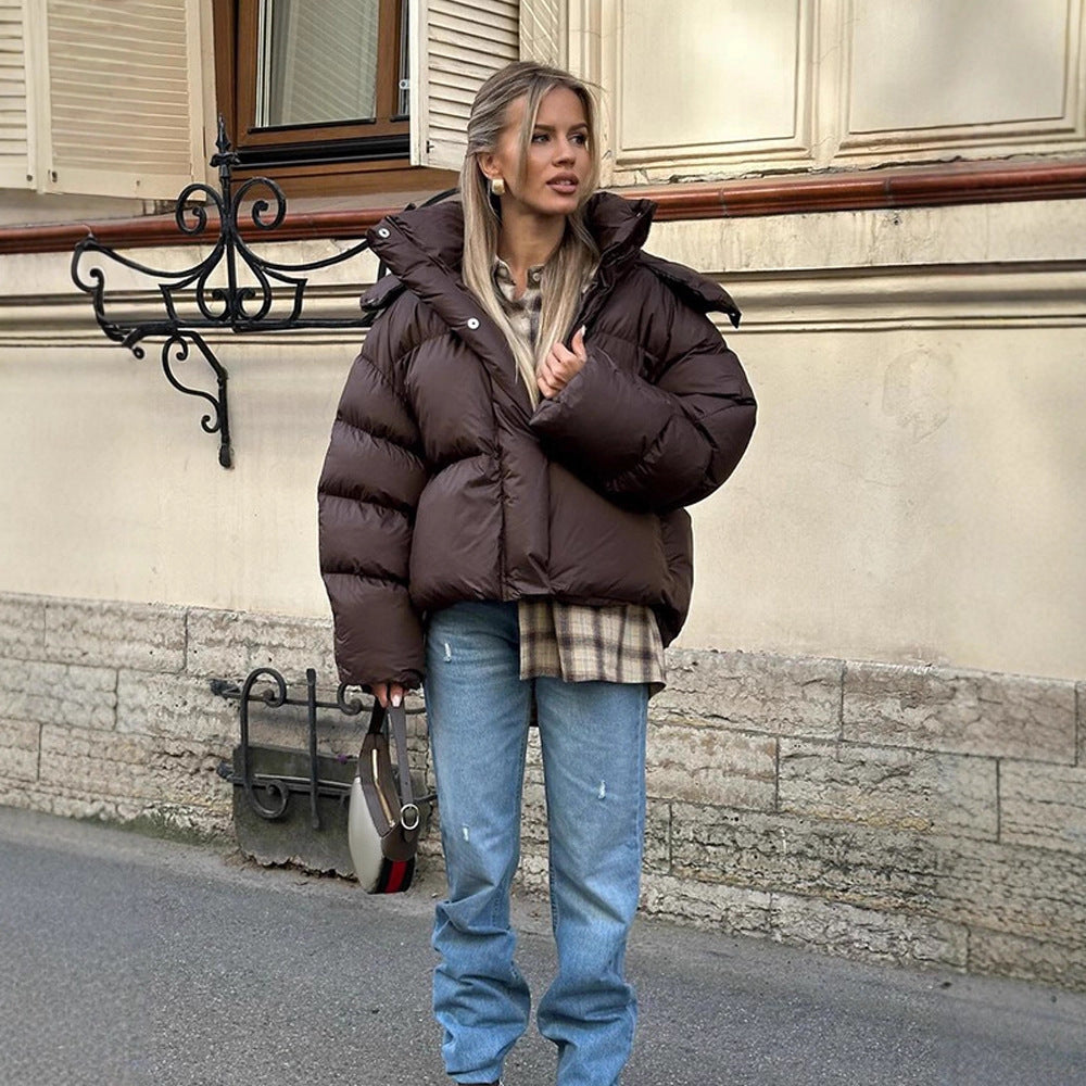 Solid Color Hooded Long Sleeve Cotton Coat For Women