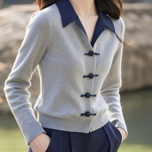 Womens Minimalist Elegant New Chinese-Style Knot-Button Knitted Top