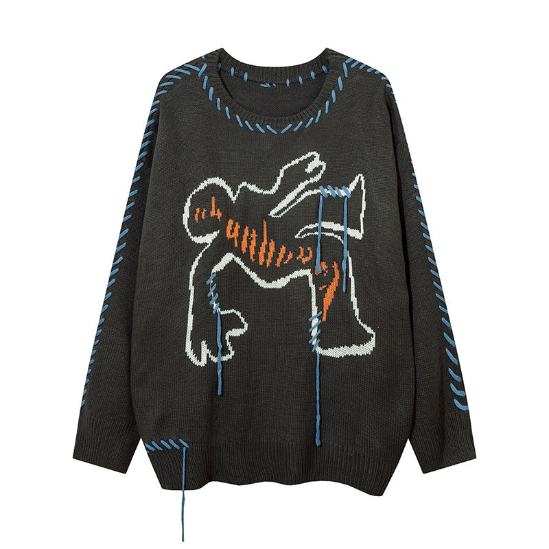 Fringed Sweater Round Neck Sweater With Rope Stitching