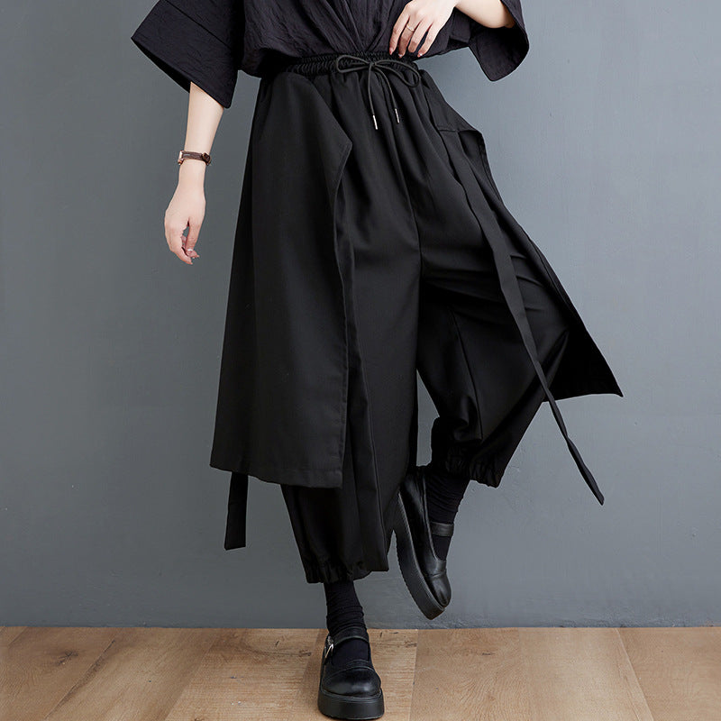 Dark Black Leggings With Cropped, Slim And Loose Fitting Wide Leg Pants