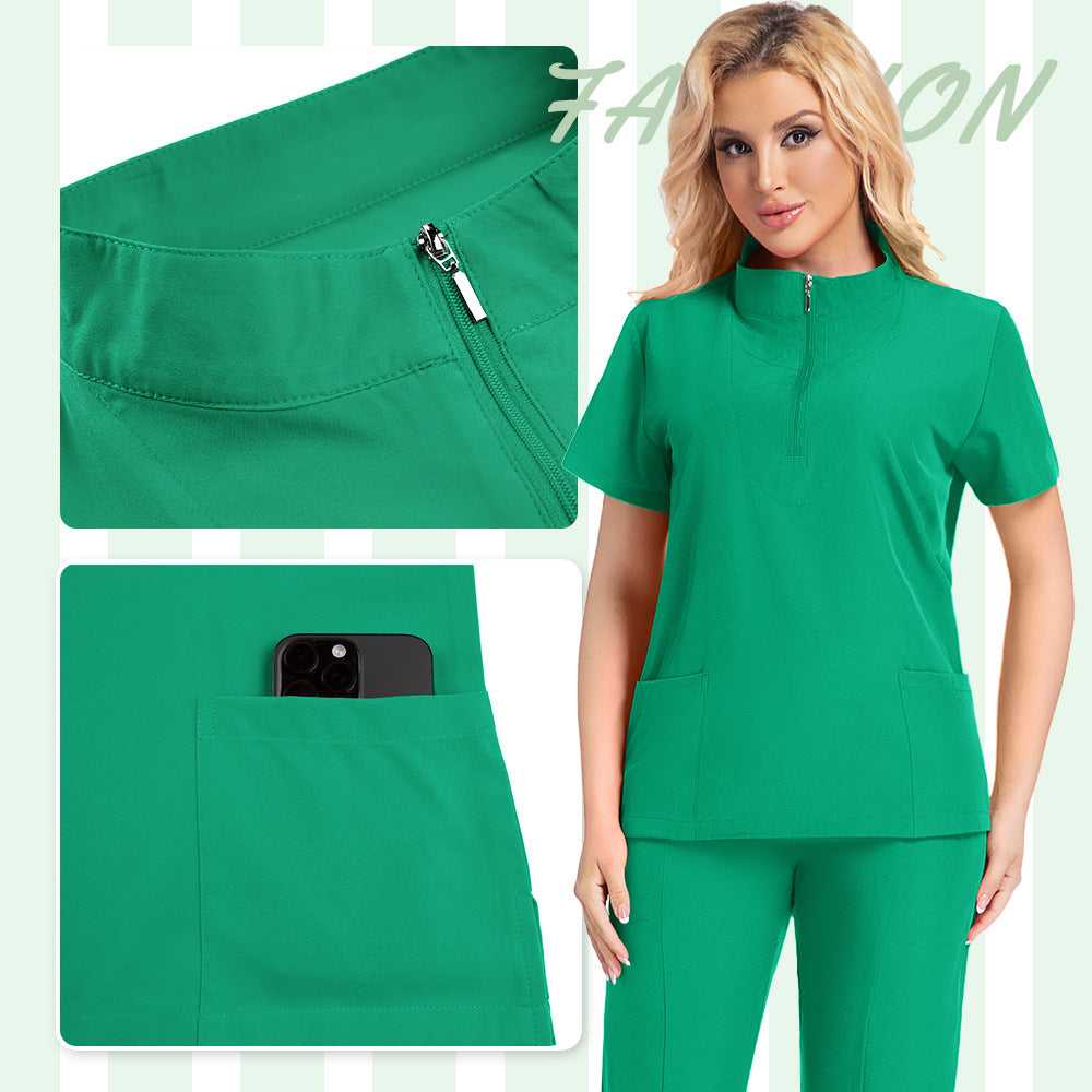 New Summer Casual Stand Up Collar Zipper Short Sleeved Surgical Gown