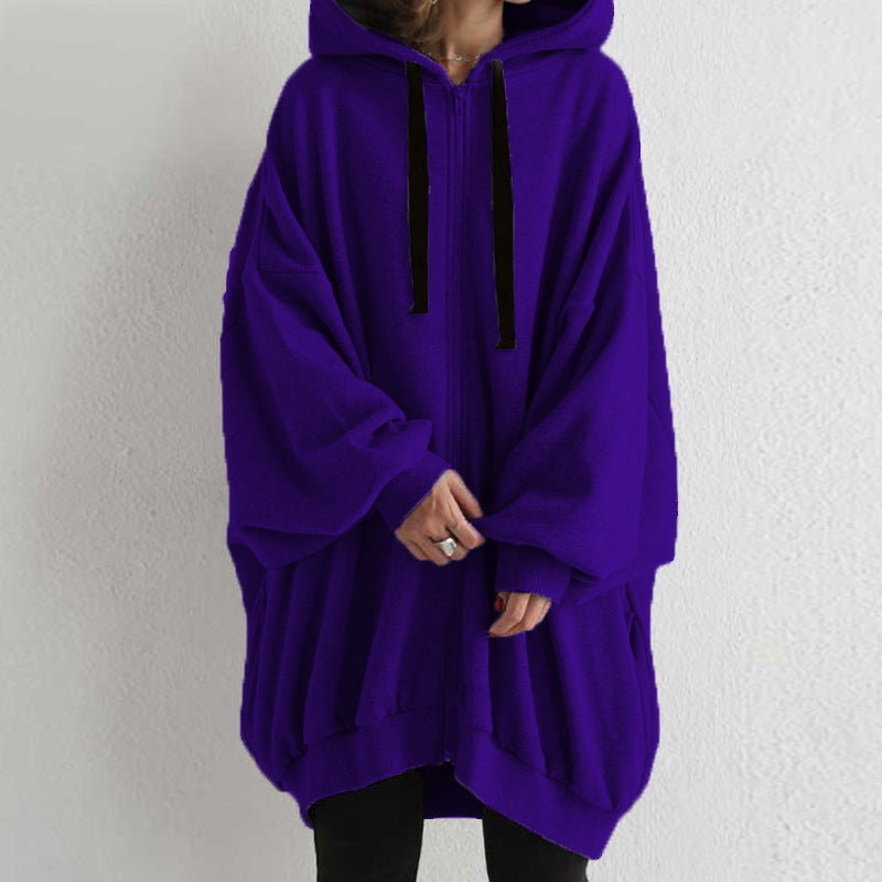 Women's Solid Color European And American Loose Sweater Fashion Hooded Zipper
