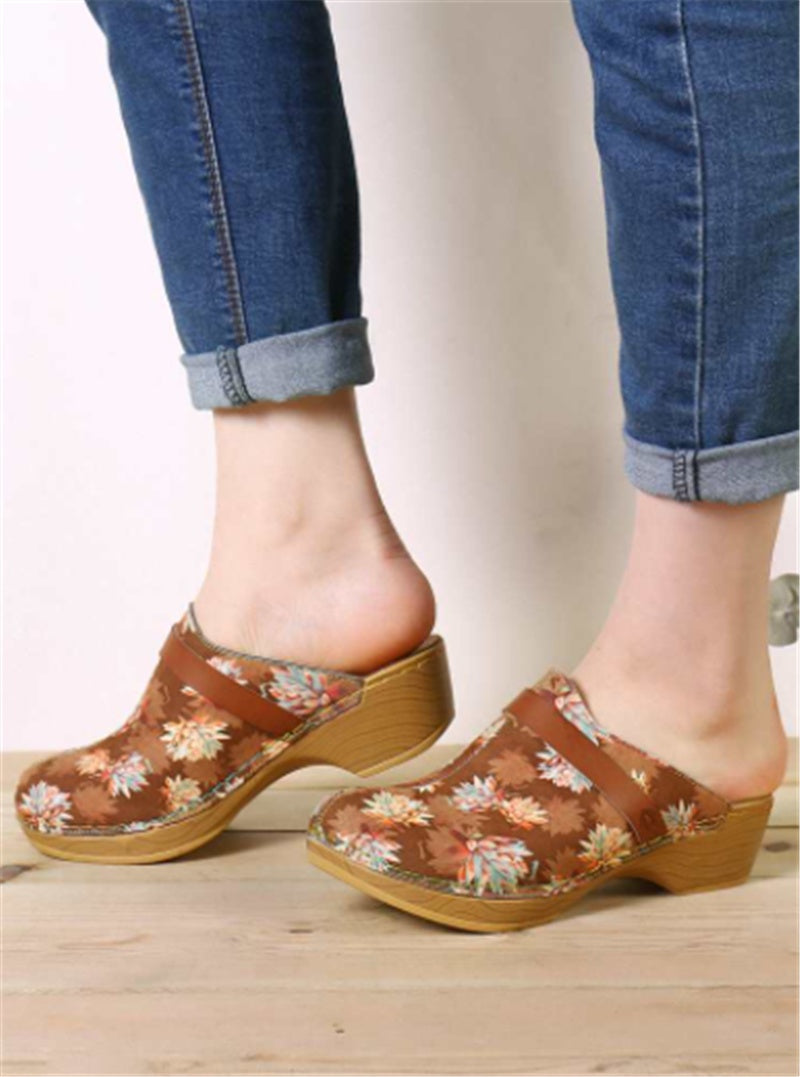 Maple Leaf Print Sandals Female Baotou High-heeled Wedge Sandals