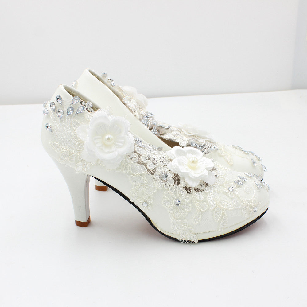 Women's White Lace High-heeled Shoes