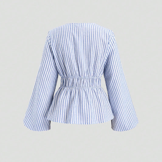 European And American Style Striped Long-sleeve Tie-waist Women's Shirt