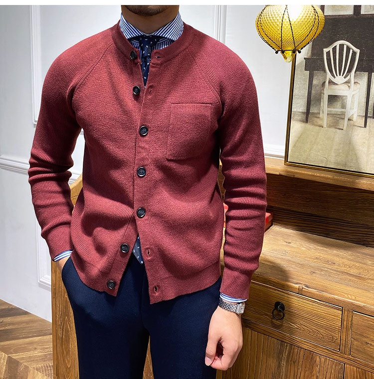 Solid Color Round Neck Slim Fitting Knitted Shirt  Slim Fitting Cardigan And Outerwear