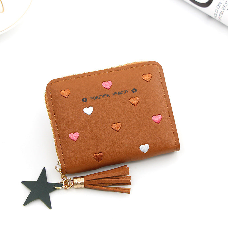 Embroidered Love Korean Women's Wallet Short Clutch Little Girl Coin Purse Women's Zipper Bag Card Holder Card Case