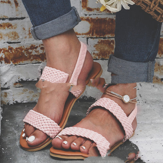Summer Open-toed Straw Woven Casual Ladies Flat Low Sandals