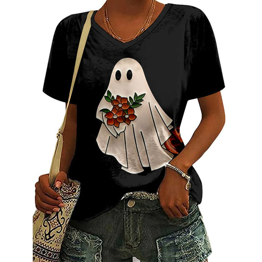 Ny Halloween-printet T-shirt med rund hals og korte ærmer