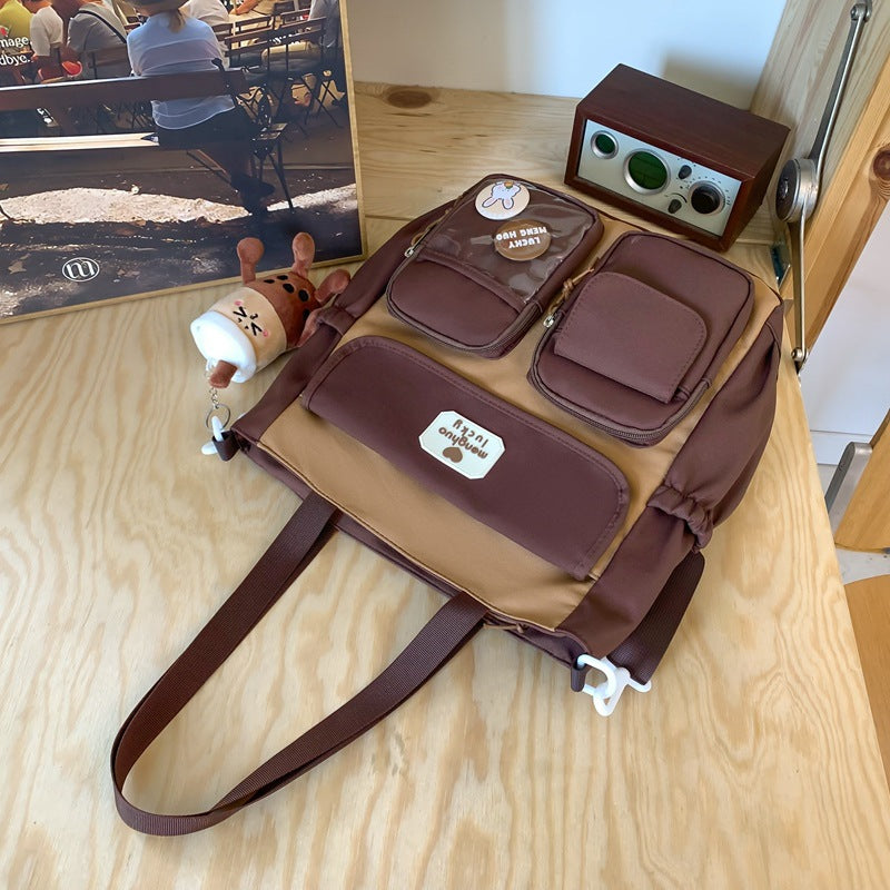 Retro Color Blocking Large Capacity Shoulder Bag For Soft Girls