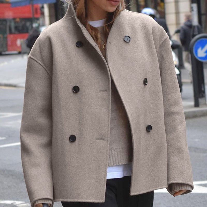 Women's Casual Double Breasted Solid Color Woolen Overcoat Coat