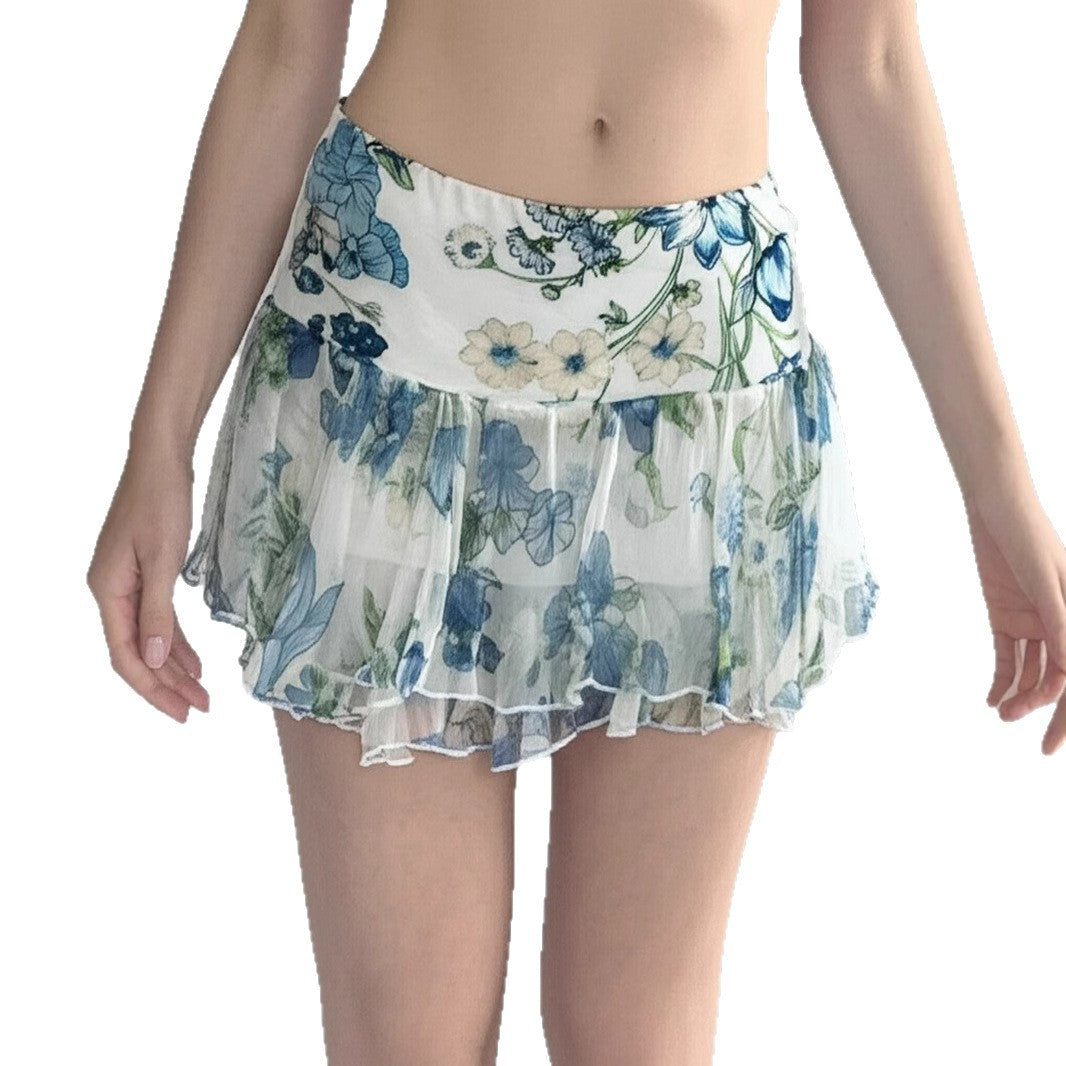 American Street Style Mesh Floral Print Irregular Skirt
