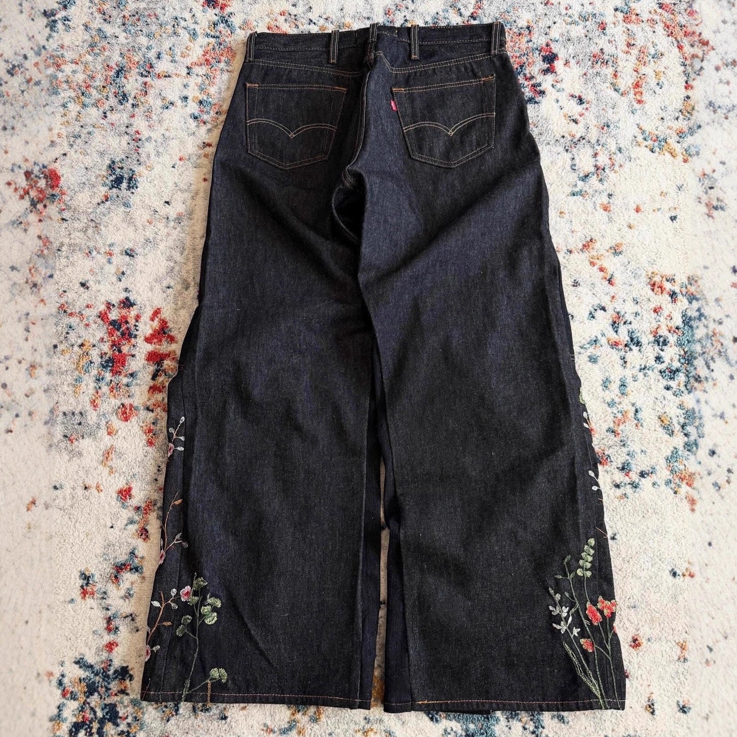 Stitching-design Floral-embroidered Jeans