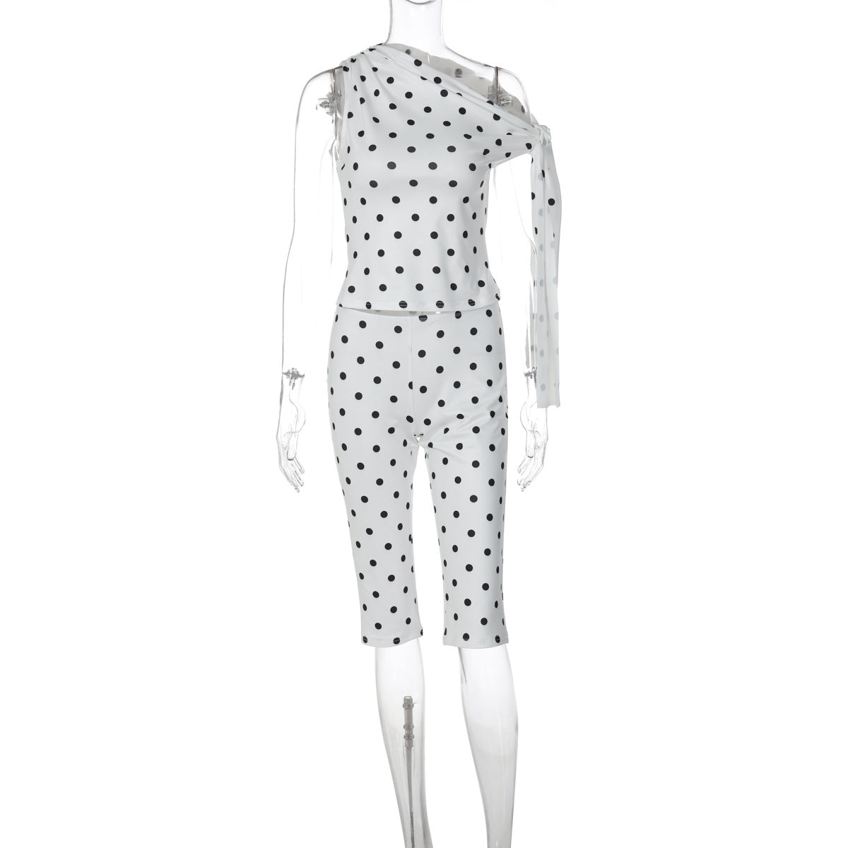 Women's One-shoulder Strap Polka-dot Tank Top And Shorts Set