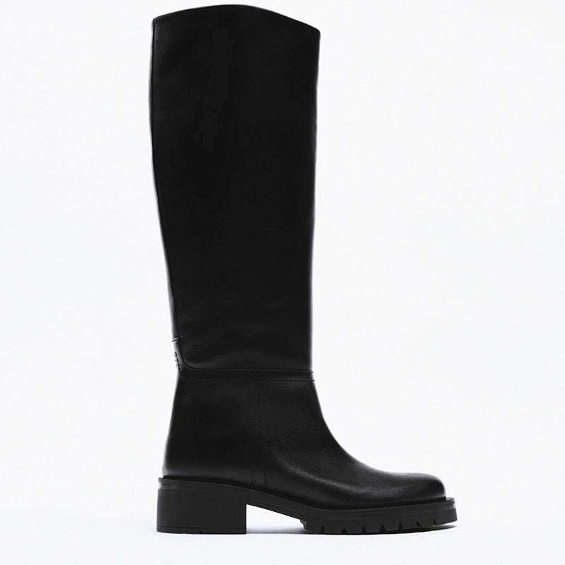 Leather Flat Round Toe Sand Brown Below The Knee High Leg Boots