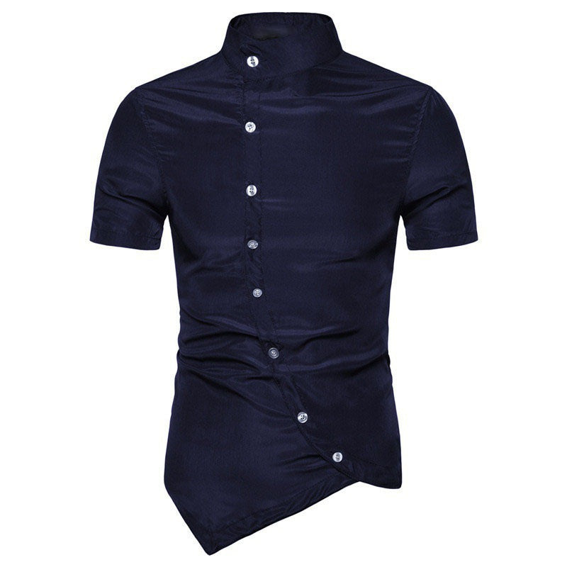 Men's Multi-button Solid Color Stand Collar Short Sleeve Shirt Summer