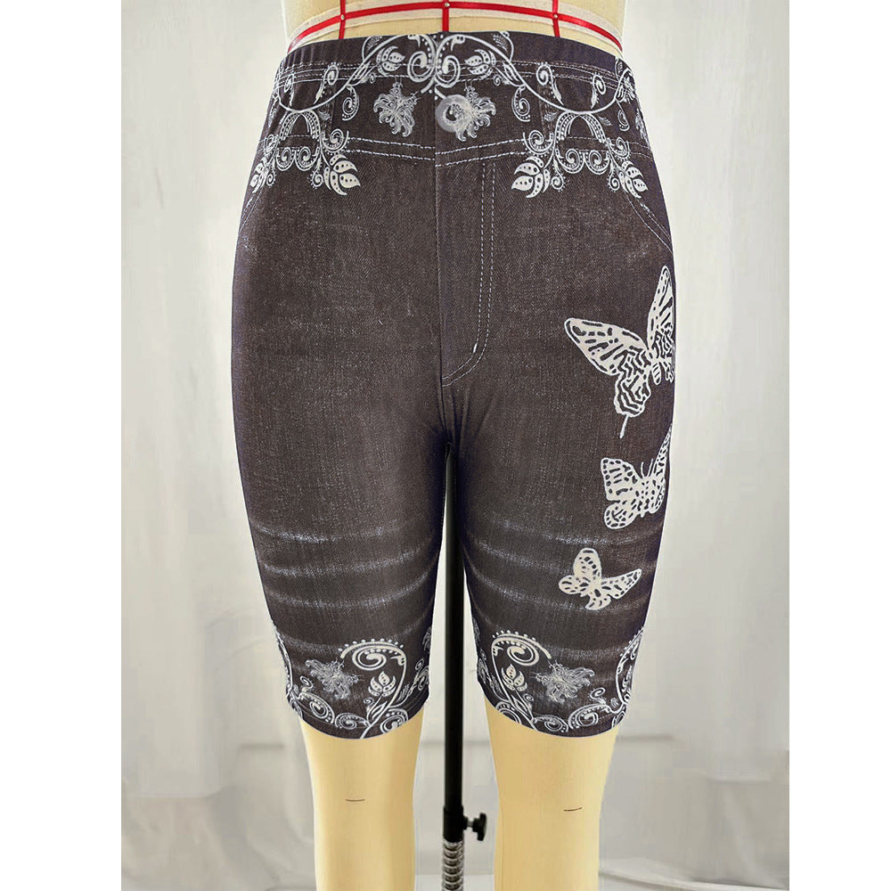 Printed Denim Butterfly Sports Leggings