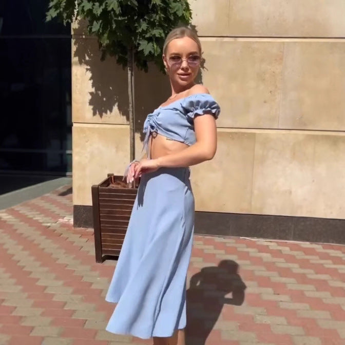 Womens Retro Lace-up Top And Skirt Set