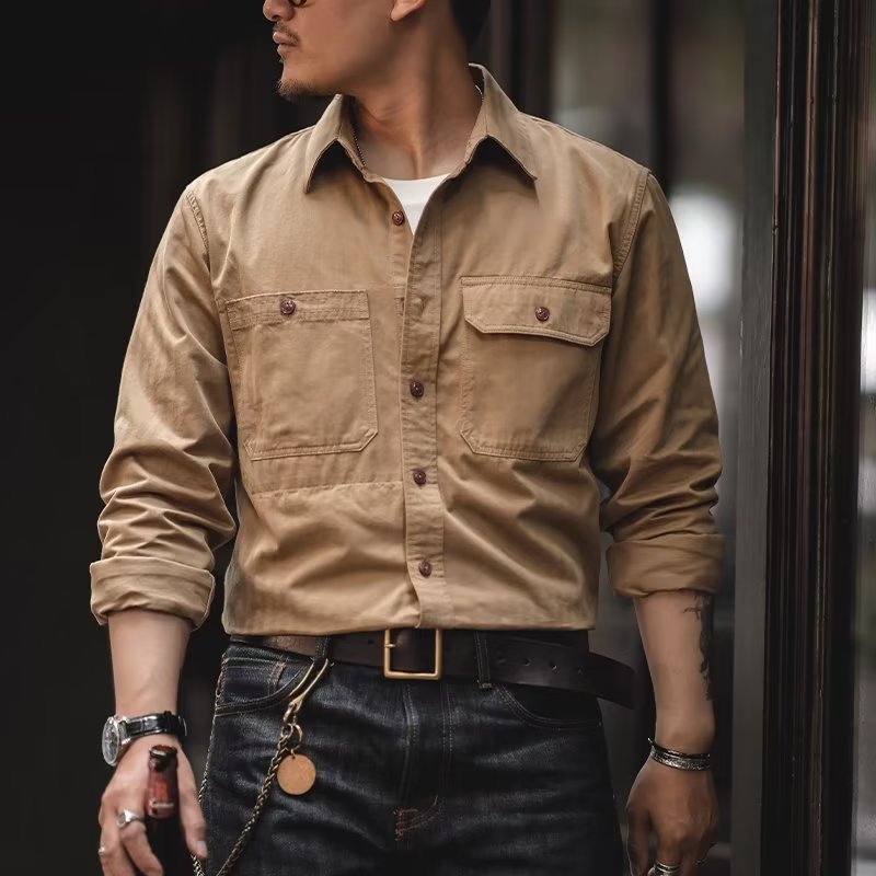Workwear Shirt Men's Amekaji Lapel Long-sleeved Shirt