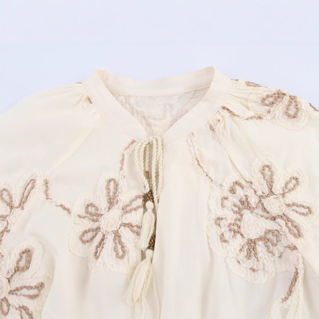 Women's Floral-embroidered V-neck Long-sleeve Top