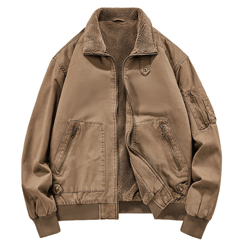 Men's Fleece-lined Washed Cotton Jacket Trendy Windproof