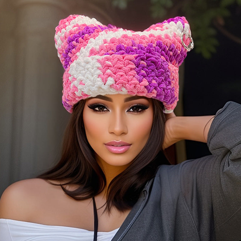 Women's Thick Thread Handmade Textile Needle Devil Horn Woolen Cap