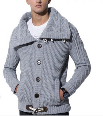 Horn Button Casual Turtleneck Men's Twisted Knitted Cardigan Sweater