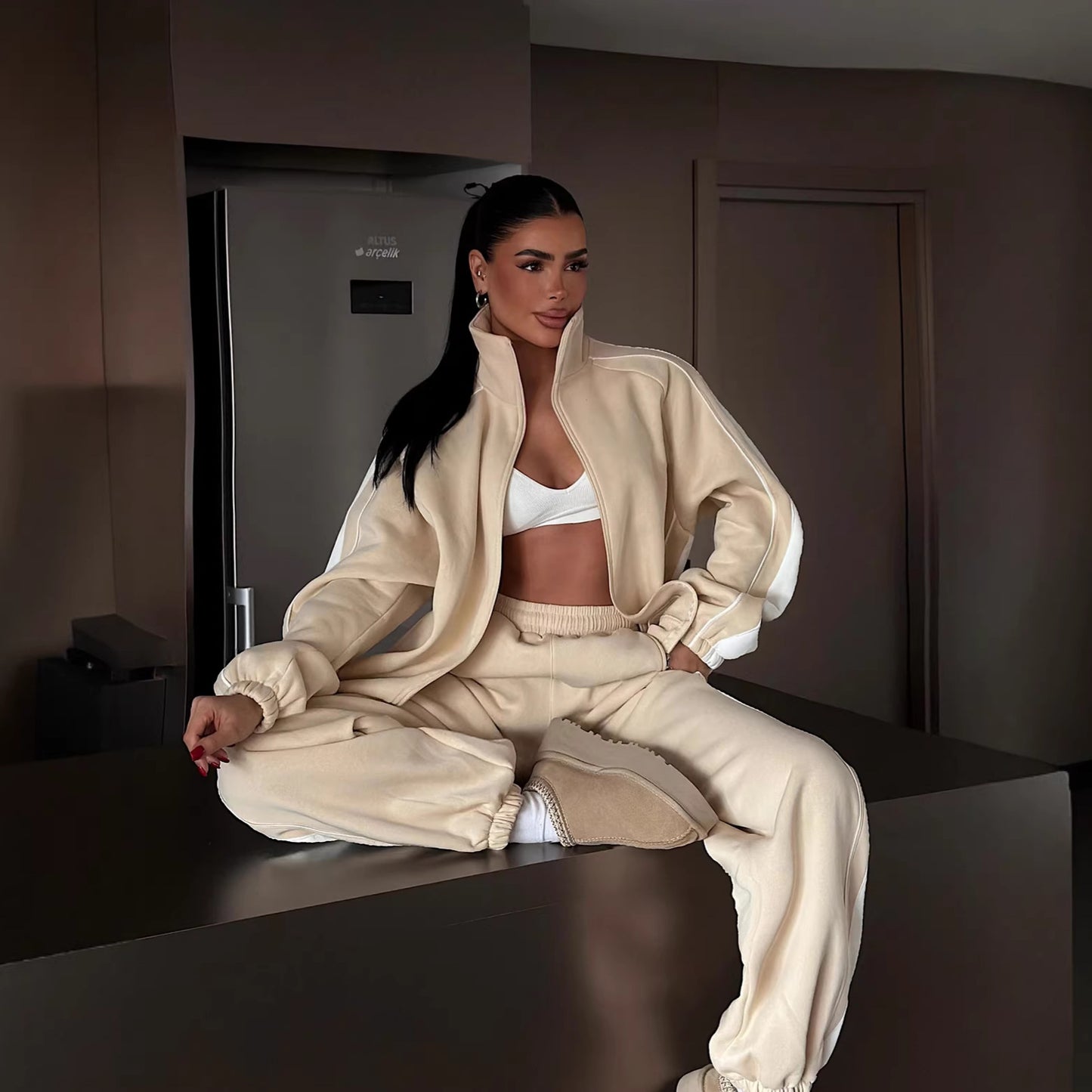Womens Fashionable Striped Color-Block Zip-Up Cardigan And Pants Set