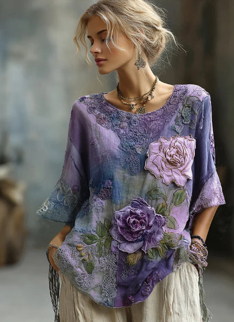 Vintage Boheme Blomstret Patchwork Hør T-shirt