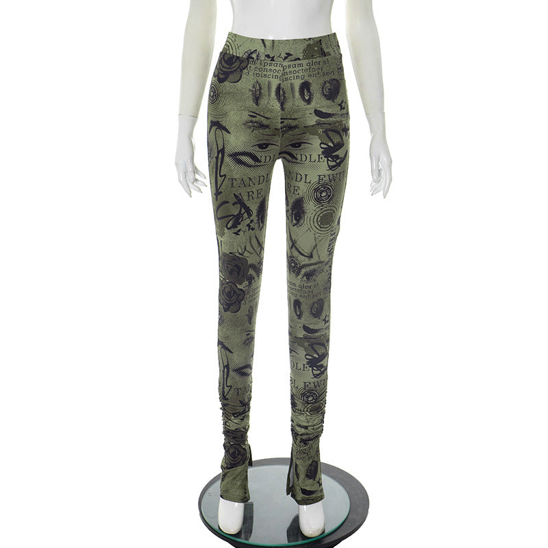 Printed High-waisted Stretch Slim-fit Casual Pants With Slits And Pleated Hems