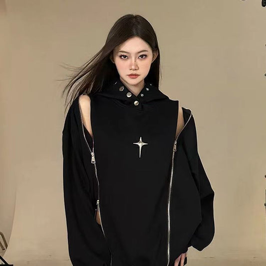 New Niche Shoulder Zipper Hooded Sweater Women's American Retro